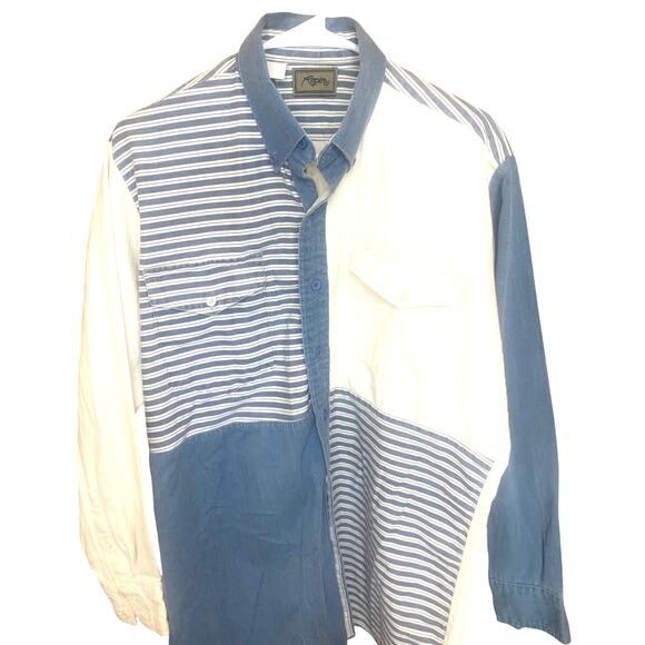 Vtg Roper Denim Chambray Button Down Shirt XL Blue White Color Block Patchwork - Picture 1 of 5
